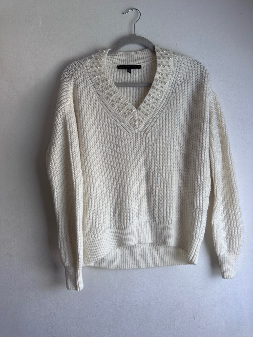 White House Black Market Pearl-Embellished V-Neck Cream Sweater